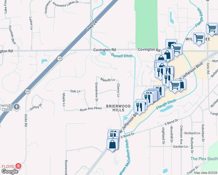 map of restaurants, bars, coffee shops, grocery stores, and more near 7113 Woodhue Lane in Fort Wayne