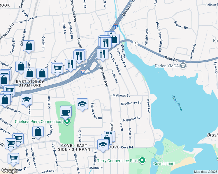 map of restaurants, bars, coffee shops, grocery stores, and more near 113 Seaside Avenue in Stamford