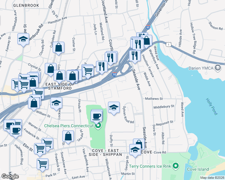 map of restaurants, bars, coffee shops, grocery stores, and more near 38 Hearthstone Court in Stamford