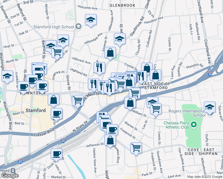 map of restaurants, bars, coffee shops, grocery stores, and more near 791 East Main Street in Stamford