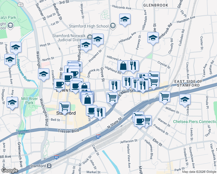 map of restaurants, bars, coffee shops, grocery stores, and more near 29 Grove Street in Stamford