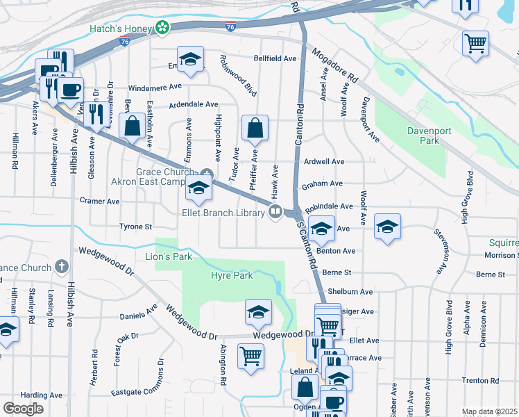 map of restaurants, bars, coffee shops, grocery stores, and more near 316 Rea Avenue in Akron