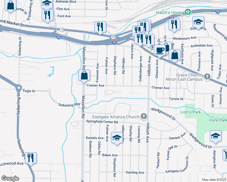 map of restaurants, bars, coffee shops, grocery stores, and more near 1930 Garden Court South in Akron