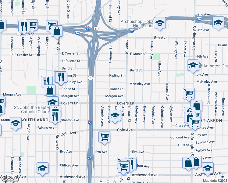 map of restaurants, bars, coffee shops, grocery stores, and more near 732 Morgan Avenue in Akron
