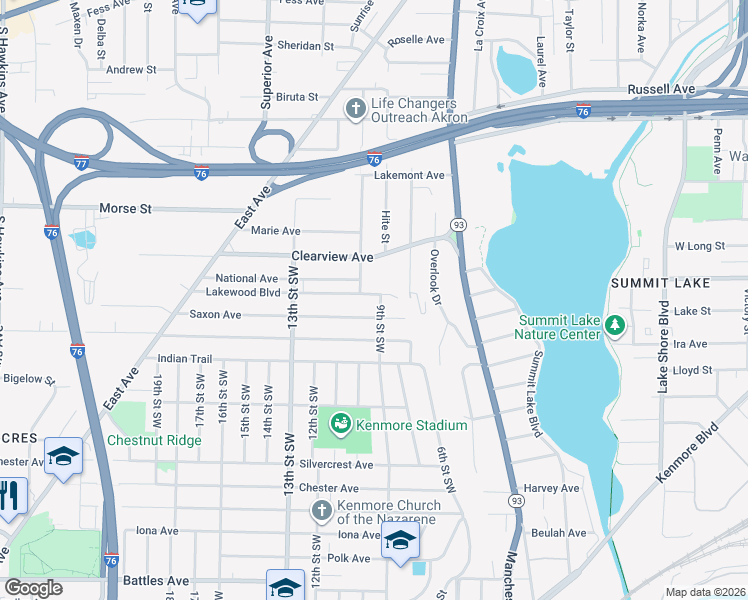 map of restaurants, bars, coffee shops, grocery stores, and more near 748 Saxon Avenue in Akron