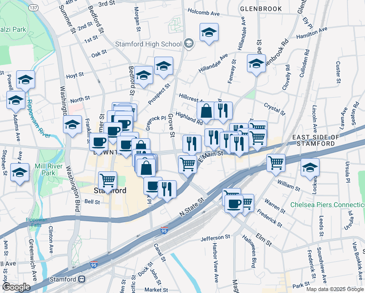 map of restaurants, bars, coffee shops, grocery stores, and more near 51 Grove Street in Stamford