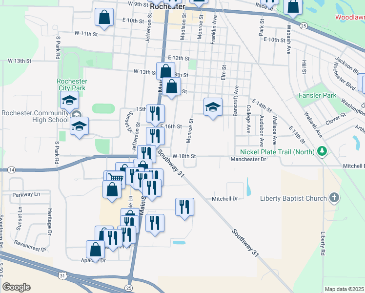 map of restaurants, bars, coffee shops, grocery stores, and more near 301-369 East 18th Street in Rochester
