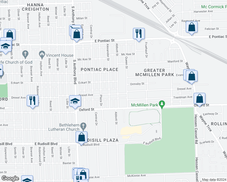 map of restaurants, bars, coffee shops, grocery stores, and more near 2213 Drexel Avenue in Fort Wayne