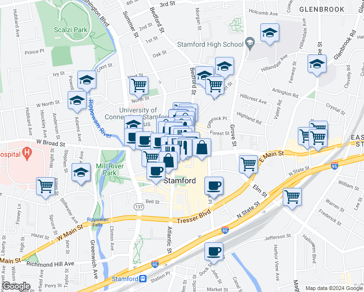 map of restaurants, bars, coffee shops, grocery stores, and more near in Stamford