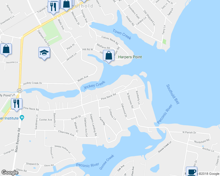 map of restaurants, bars, coffee shops, grocery stores, and more near 3693 Pine Neck Road in Southold
