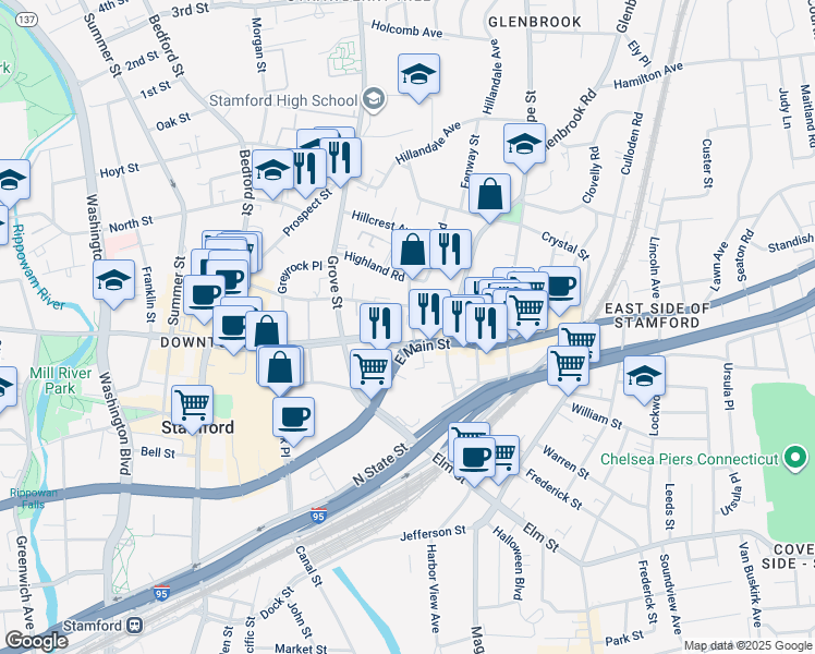 map of restaurants, bars, coffee shops, grocery stores, and more near 164 Forest Street in Stamford