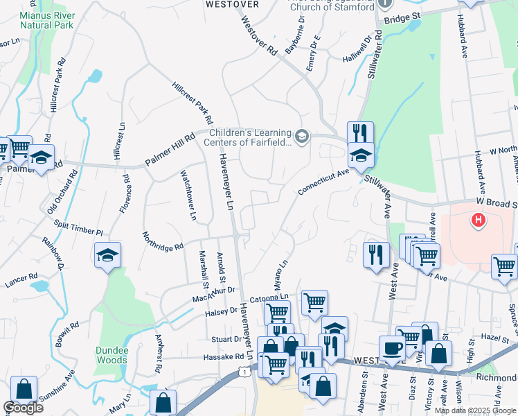 map of restaurants, bars, coffee shops, grocery stores, and more near 77 Havemeyer Lane in Stamford