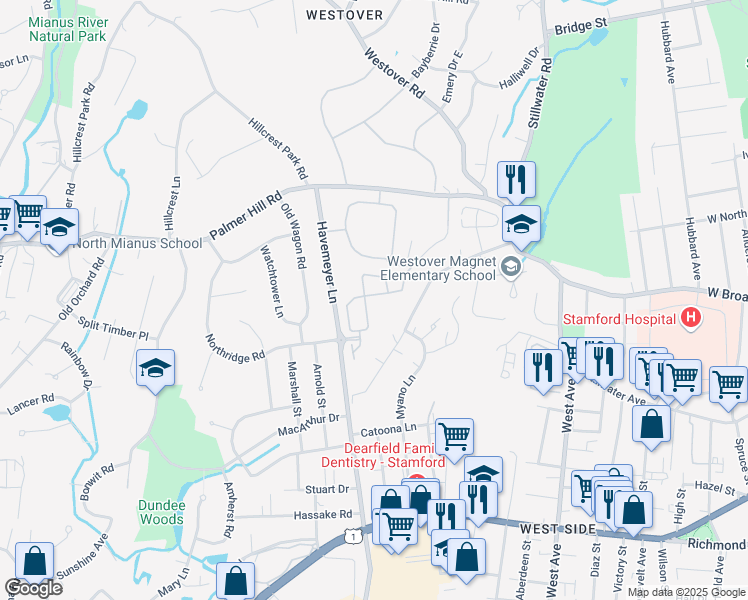 map of restaurants, bars, coffee shops, grocery stores, and more near 77 Havemeyer Lane in Stamford