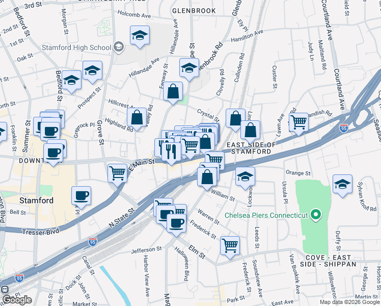 map of restaurants, bars, coffee shops, grocery stores, and more near 81 Lafayette Street in Stamford