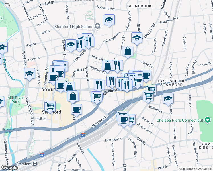 map of restaurants, bars, coffee shops, grocery stores, and more near 164 Forest Street in Stamford