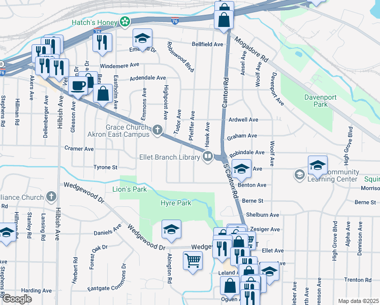 map of restaurants, bars, coffee shops, grocery stores, and more near 2415 East Market Street in Akron