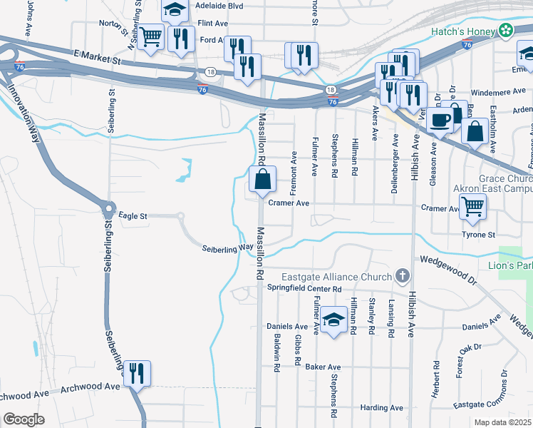 map of restaurants, bars, coffee shops, grocery stores, and more near 1843 Cramer Avenue in Akron