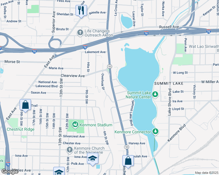 map of restaurants, bars, coffee shops, grocery stores, and more near 1550 Manchester Road in Akron