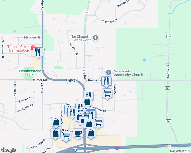 map of restaurants, bars, coffee shops, grocery stores, and more near 1227 Salwa Lane in Wadsworth