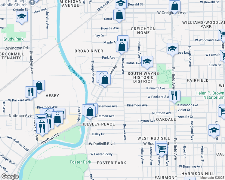 map of restaurants, bars, coffee shops, grocery stores, and more near 1138 Kinnaird Avenue in Fort Wayne