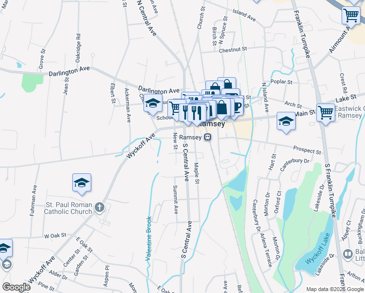 map of restaurants, bars, coffee shops, grocery stores, and more near 37 South Central Avenue in Ramsey