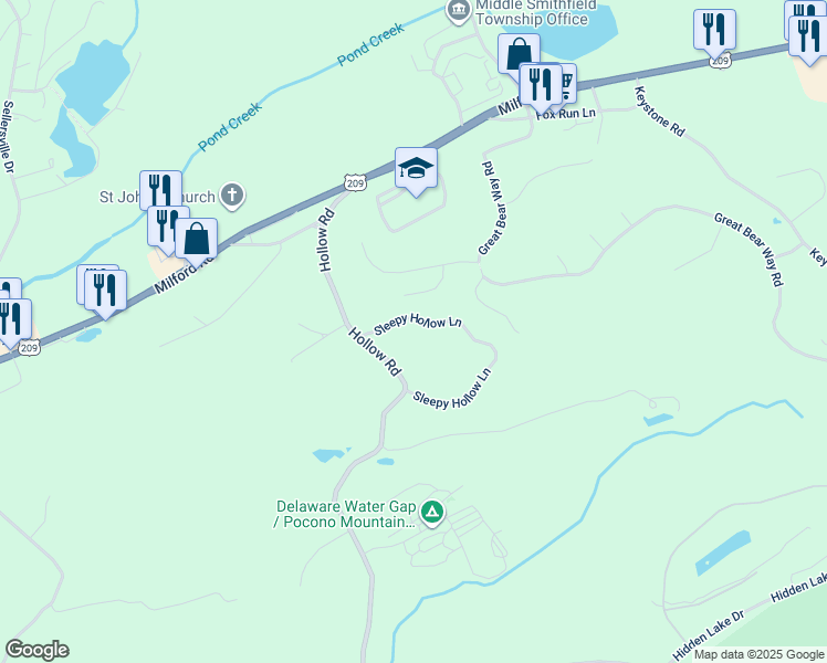 map of restaurants, bars, coffee shops, grocery stores, and more near 25 Sleepy Hollow Lane in East Stroudsburg