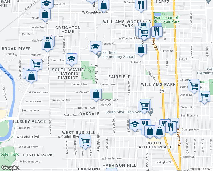 map of restaurants, bars, coffee shops, grocery stores, and more near 425 Kinnaird Avenue in Fort Wayne