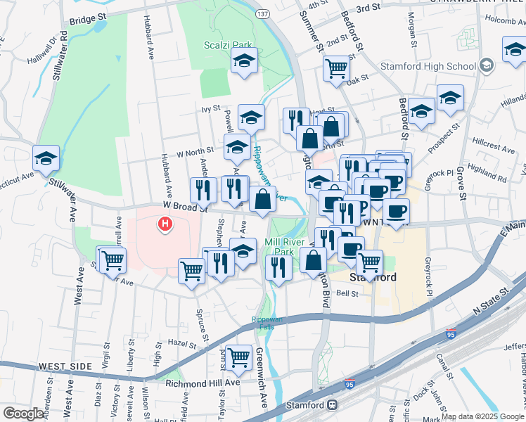 map of restaurants, bars, coffee shops, grocery stores, and more near 28 Hanrahan Street in Stamford