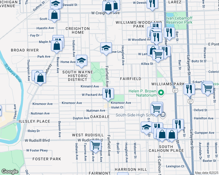 map of restaurants, bars, coffee shops, grocery stores, and more near 3203 Fairfield Avenue in Fort Wayne