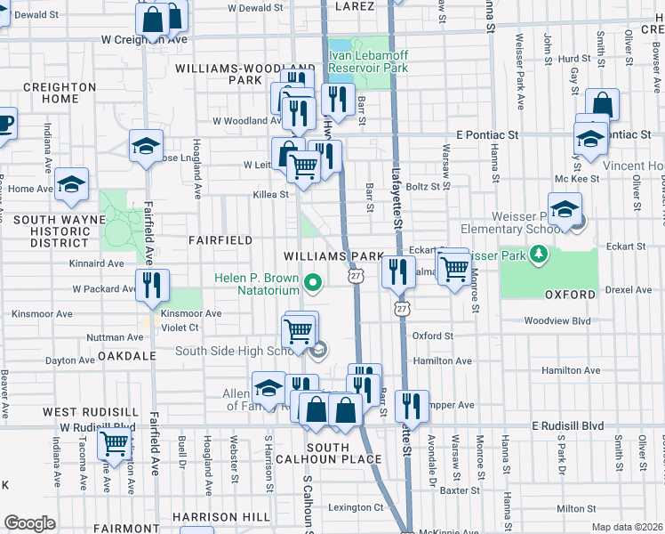 map of restaurants, bars, coffee shops, grocery stores, and more near 3207 Clinton Court in Fort Wayne