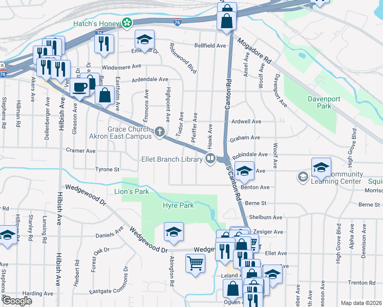 map of restaurants, bars, coffee shops, grocery stores, and more near 2415 East Market Street in Akron