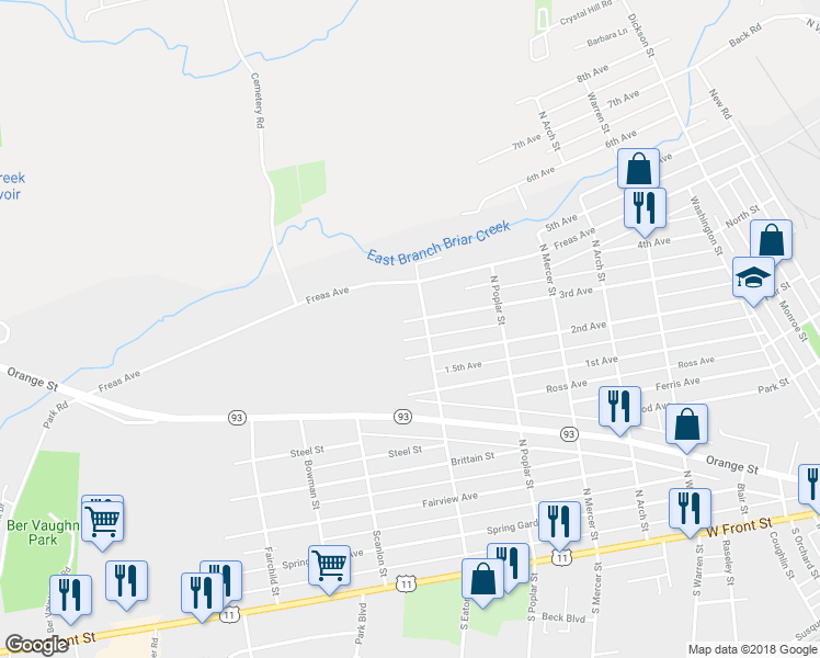 map of restaurants, bars, coffee shops, grocery stores, and more near 1606 3rd Avenue in Berwick