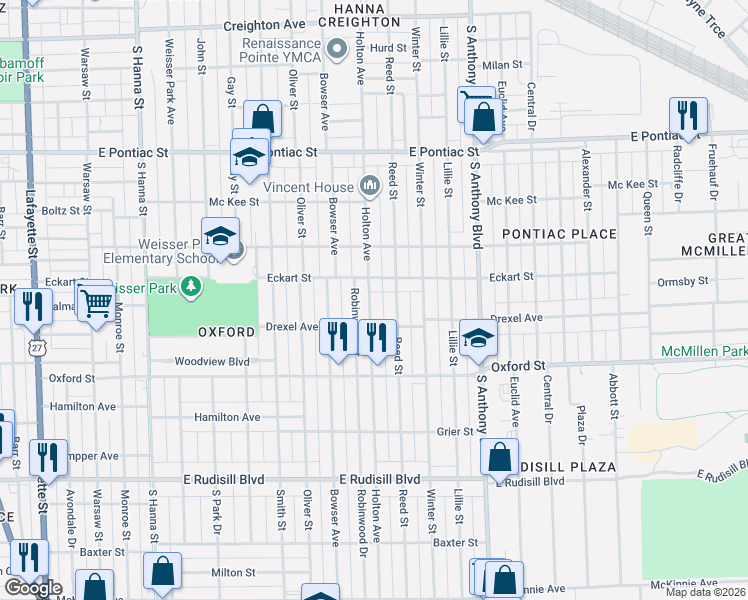 map of restaurants, bars, coffee shops, grocery stores, and more near 1430 Eckart Street in Fort Wayne