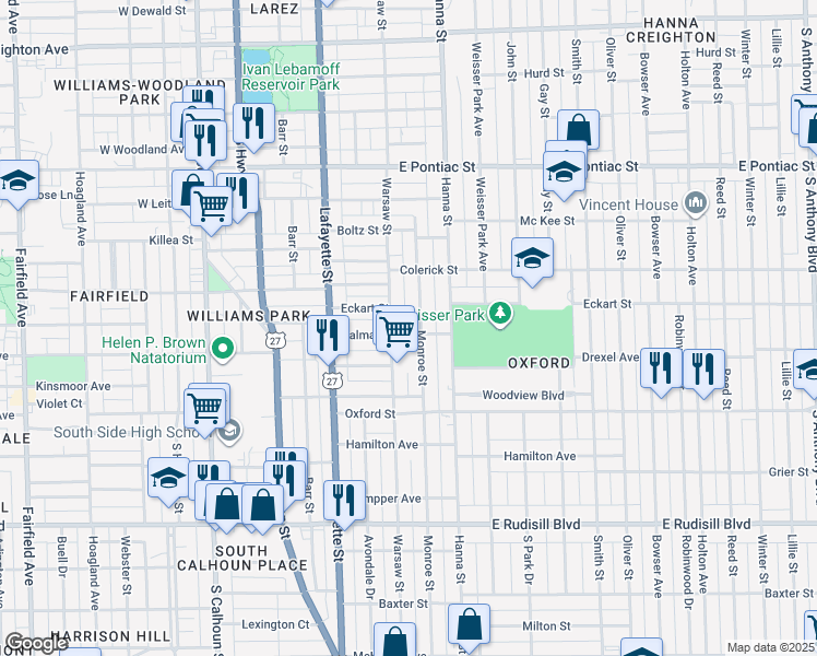 map of restaurants, bars, coffee shops, grocery stores, and more near 529 Dalman Avenue in Fort Wayne