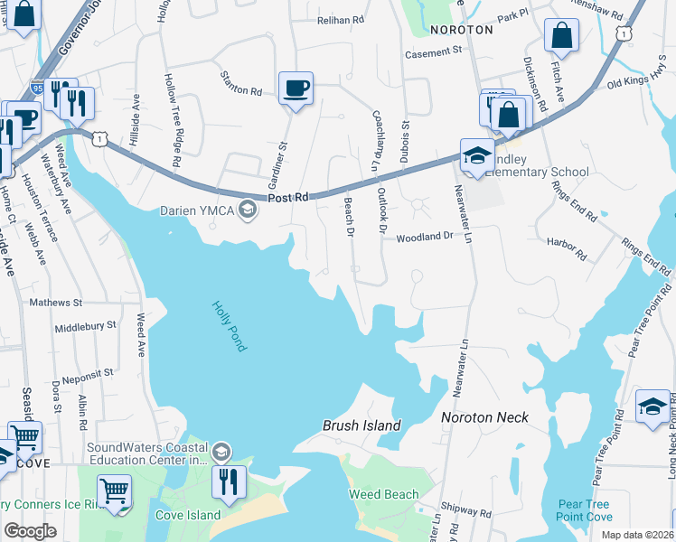 map of restaurants, bars, coffee shops, grocery stores, and more near 18 Beach Drive in Darien
