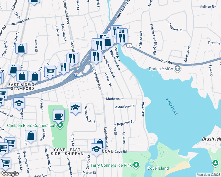 map of restaurants, bars, coffee shops, grocery stores, and more near 65 Webb Avenue in Stamford