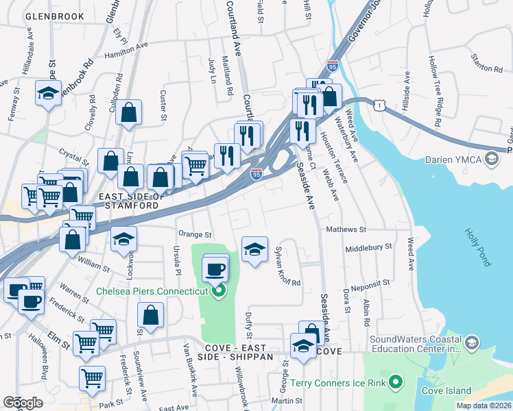 map of restaurants, bars, coffee shops, grocery stores, and more near 41 Courtland Circle in Stamford