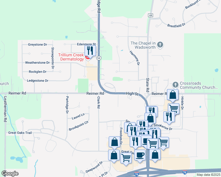 map of restaurants, bars, coffee shops, grocery stores, and more near 1361 High Street in Wadsworth