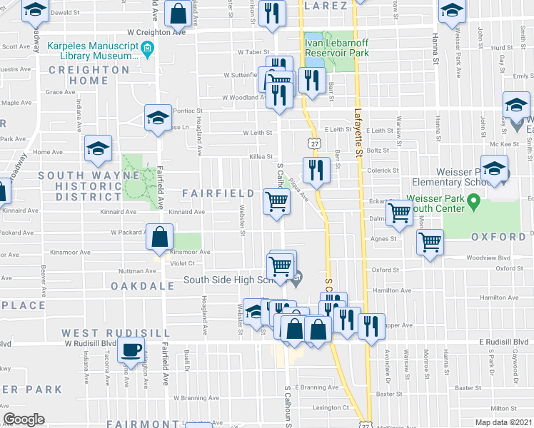 map of restaurants, bars, coffee shops, grocery stores, and more near 3113 South Harrison Street in Fort Wayne