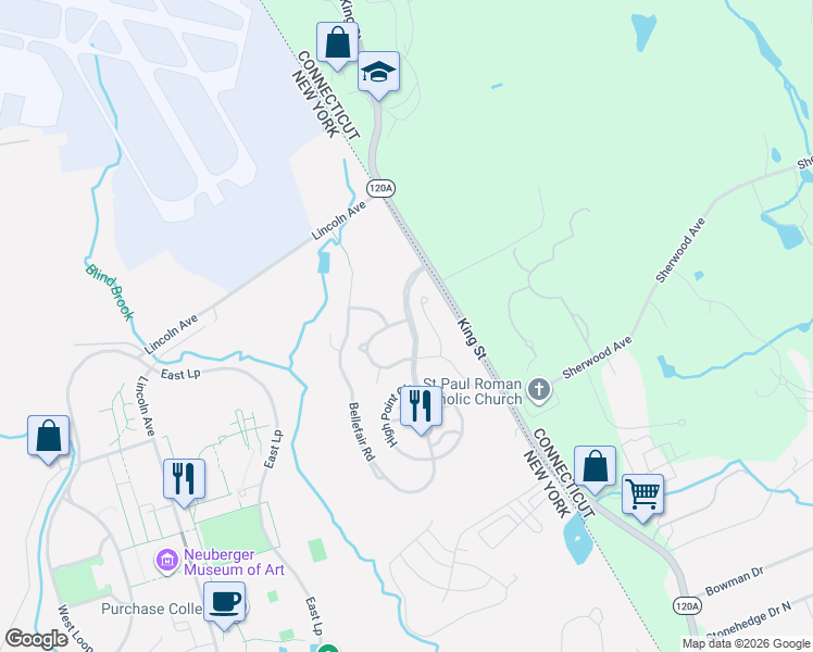 map of restaurants, bars, coffee shops, grocery stores, and more near 18 Milestone Road in Rye Brook