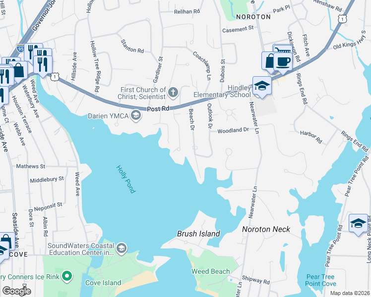 map of restaurants, bars, coffee shops, grocery stores, and more near 18 Beach Drive in Darien