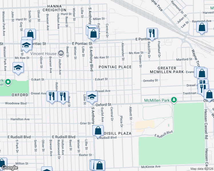 map of restaurants, bars, coffee shops, grocery stores, and more near 3206 Central Drive in Fort Wayne