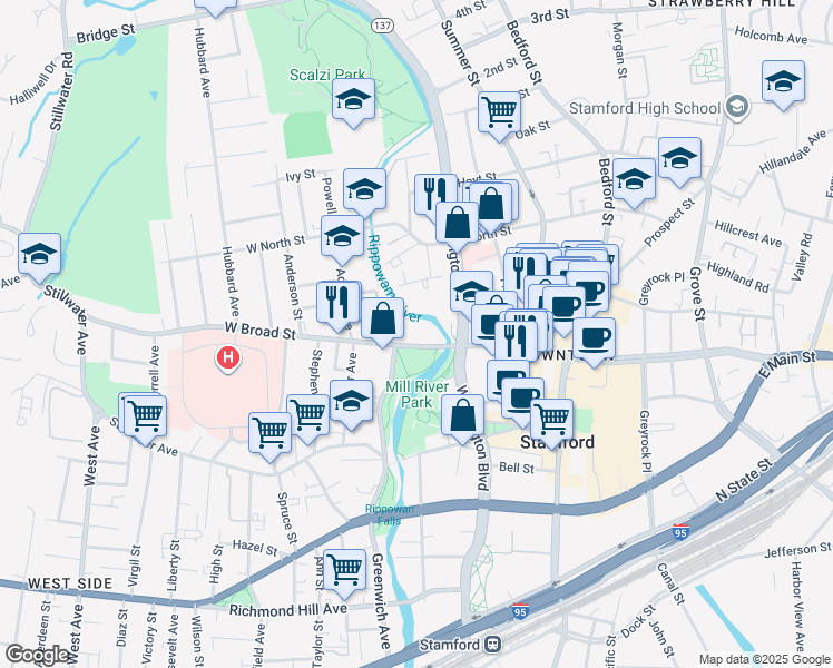 map of restaurants, bars, coffee shops, grocery stores, and more near 9 West Broad Street in Stamford
