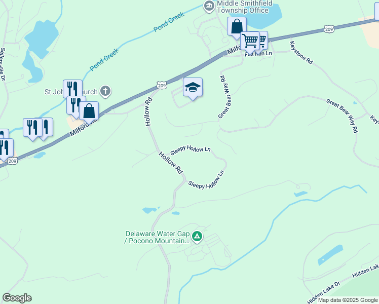 map of restaurants, bars, coffee shops, grocery stores, and more near 25 Sleepy Hollow Lane in East Stroudsburg