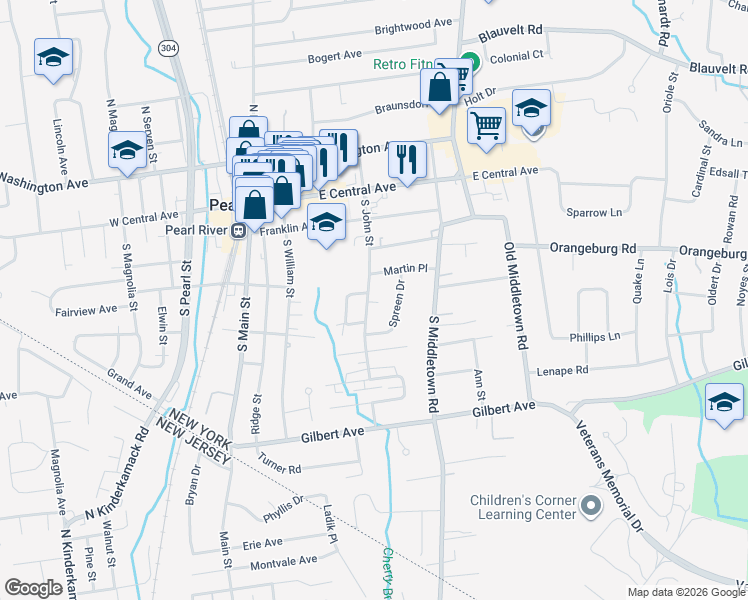 map of restaurants, bars, coffee shops, grocery stores, and more near 126 Martin Place in Pearl River