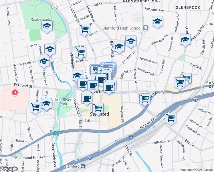 map of restaurants, bars, coffee shops, grocery stores, and more near 154 Bedford Street in Stamford