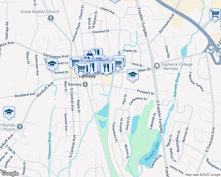 map of restaurants, bars, coffee shops, grocery stores, and more near 72 Prospect Street in Ramsey