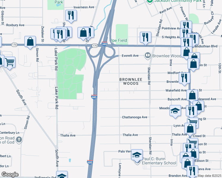 map of restaurants, bars, coffee shops, grocery stores, and more near 1550 Wakefield Avenue in Youngstown