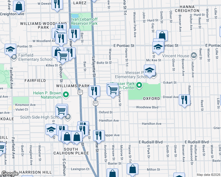 map of restaurants, bars, coffee shops, grocery stores, and more near 452 Eckart Street in Fort Wayne
