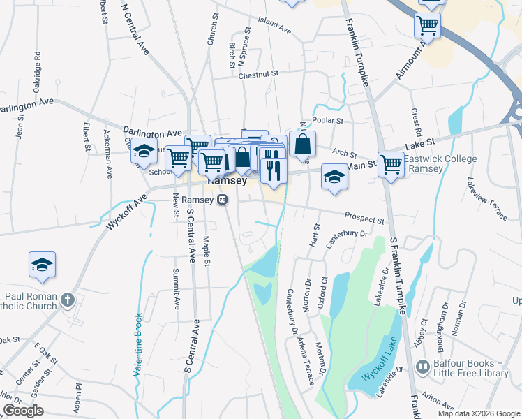map of restaurants, bars, coffee shops, grocery stores, and more near 41 South Spruce Street in Ramsey